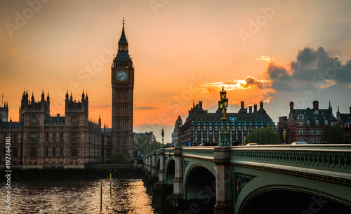 Big Ben and Westminster bridge at sunset, London, UK United Kingdom England touristic