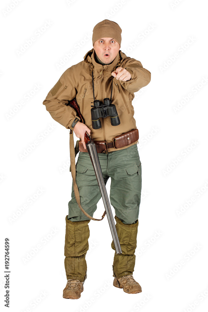 Full length portrait of a male hunter with double barreled shotgun Isolated on white background. hunting and people concept. Full length portrait of a male hunter with double barreled shotgun Isolated on white background. hunting and people concept.