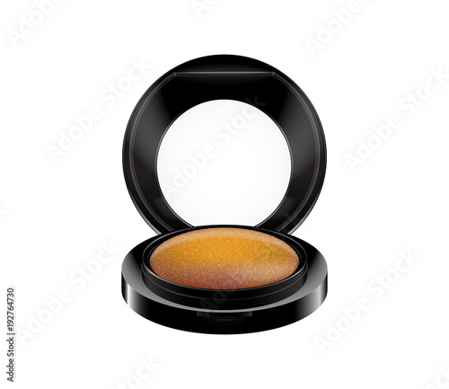 Realistic Face Makeup Cosmetic Powder in Plastic Round Case with glittering sequin BB powder.  3D Vector isolated on White Background.