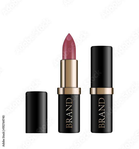 Fashion cosmetic lipstick vector 3d illustration mockup on white background.