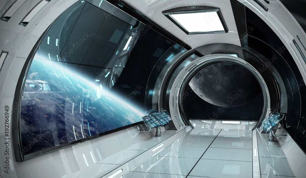 Fototapeta premium Wnętrze statku kosmicznego z widokiem na Ziemię Elementy renderowania 3D tego obrazu dostarczone przez NASA