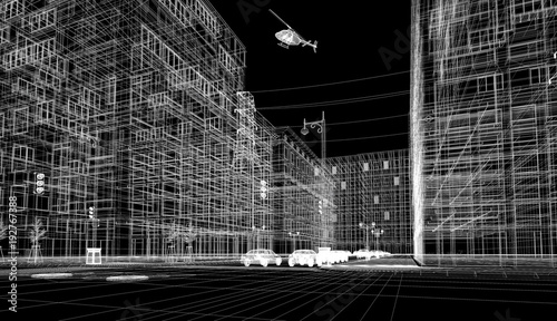 Centro di new york, illustrazione 3d, strada e palazzi, grattacieli e automobili