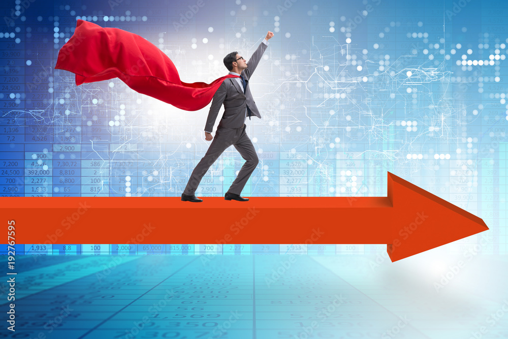 Superhero businessman standing on arrow Superhero businessman standing on arrow