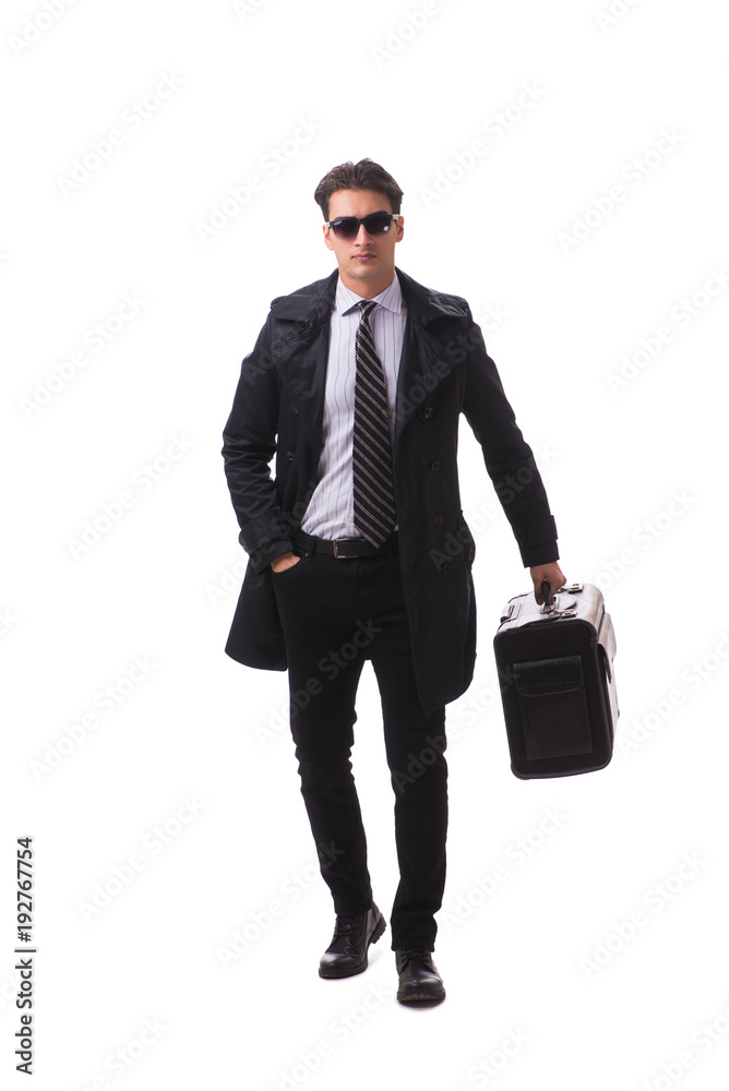 Young businessman with suitcase ready for business trip on white Young businessman with suitcase ready for business trip on white