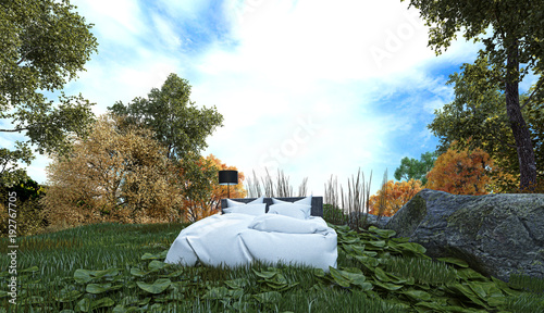 dormire all'aperto, camping, letto nel bosco, illustrazione 3d photo