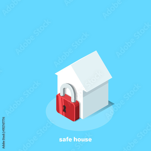 white house and red lock icon, isometric image