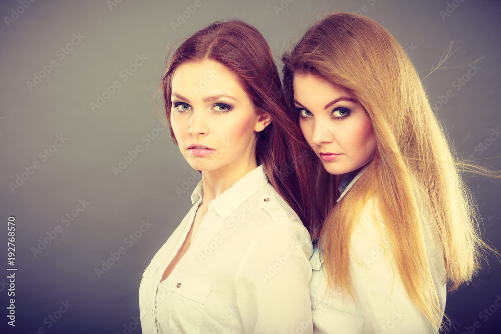 Two beautiful women, blonde and brunette posing