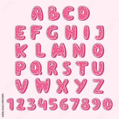 Alphabet cookie food pink color tasty cookies set with glaze vector illustration. Isolated textured letters Cookie biscuit alphabet font on white. Cookie biscuit alphabet font baked sweet set dessert