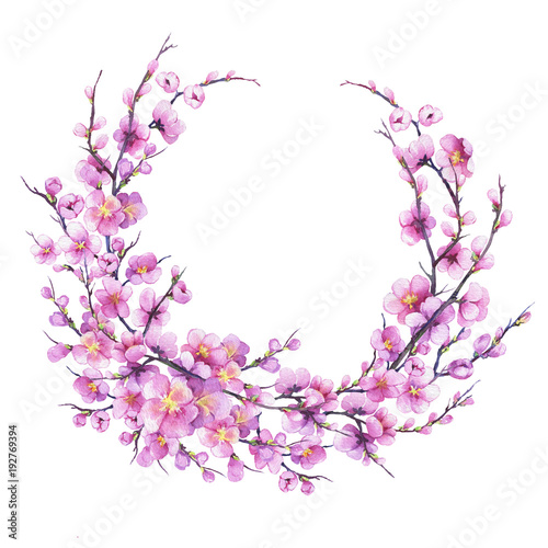 Banner, round frame with pink sakura flower. For wedding, invitation, Valentine's Day, Mother's Day. Watercolor hand drawn painting illustration isolated on white background. © arxichtu4ki
