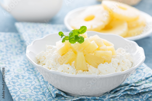 Принти на полотні Cheese cottage dessert, curd with pineapple and yogurt