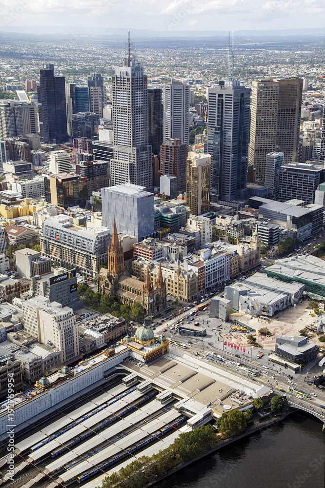 Cityscape of Melbourne central from the Eureka Sky Tower including Flinders Street Station and Federation Square.