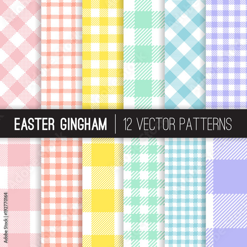 Easter Pastel Colors Gingham and Checks Vector Patterns. Light Shades of Pink, Coral Orange, Yellow, Turquoise, Blue and Lavender Purple. Pixel Pattern Tile Swatches Included.