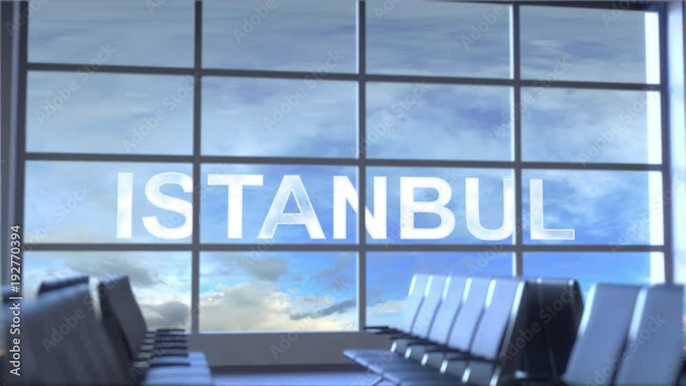 Commercial airplane landing at Istanbul international airport. Travelling to Turkey conceptual intro animation