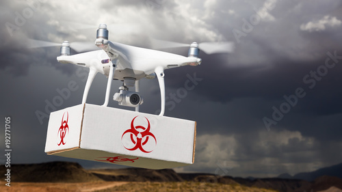 Unmanned Aircraft System (UAV) Quadcopter Drone Carrying Package With Biohazard Symbol Label Near Stormy Skies.