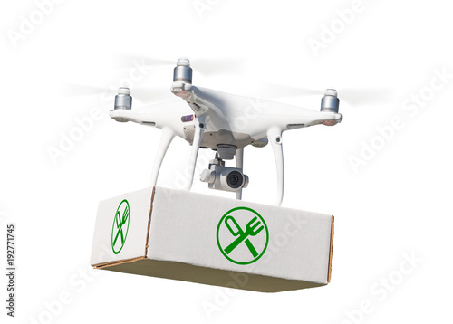 Unmanned Aircraft System (UAV) Quadcopter Drone Carrying Package With Food Symbol Label On White.