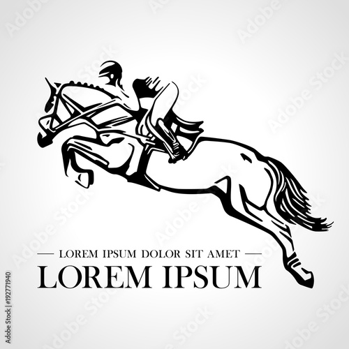 Silhouette of racing horse with jockey. Logo. Design icons. Equestrian sport. Jockey riding jumping horse. Poster. Sport. Vector Illustration.