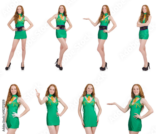 Young sexy girl in green dress isolated on white