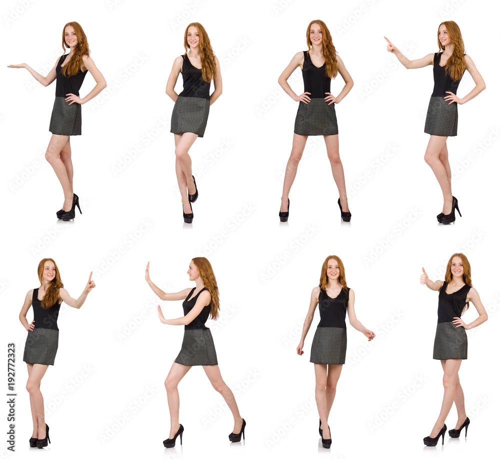 Fototapeta premium Red hair girl in gray dress isolated on white
