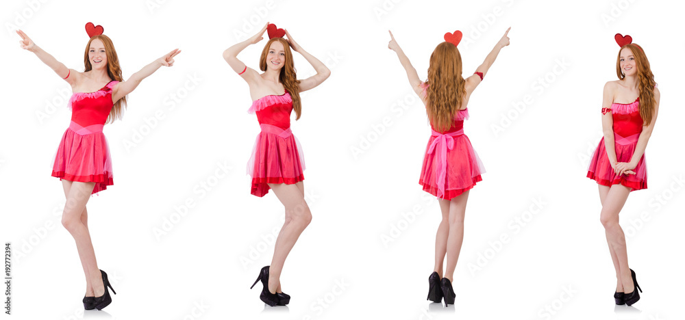 Pretty young model in mini pink dress isolated on white Pretty young model in mini pink dress isolated on white