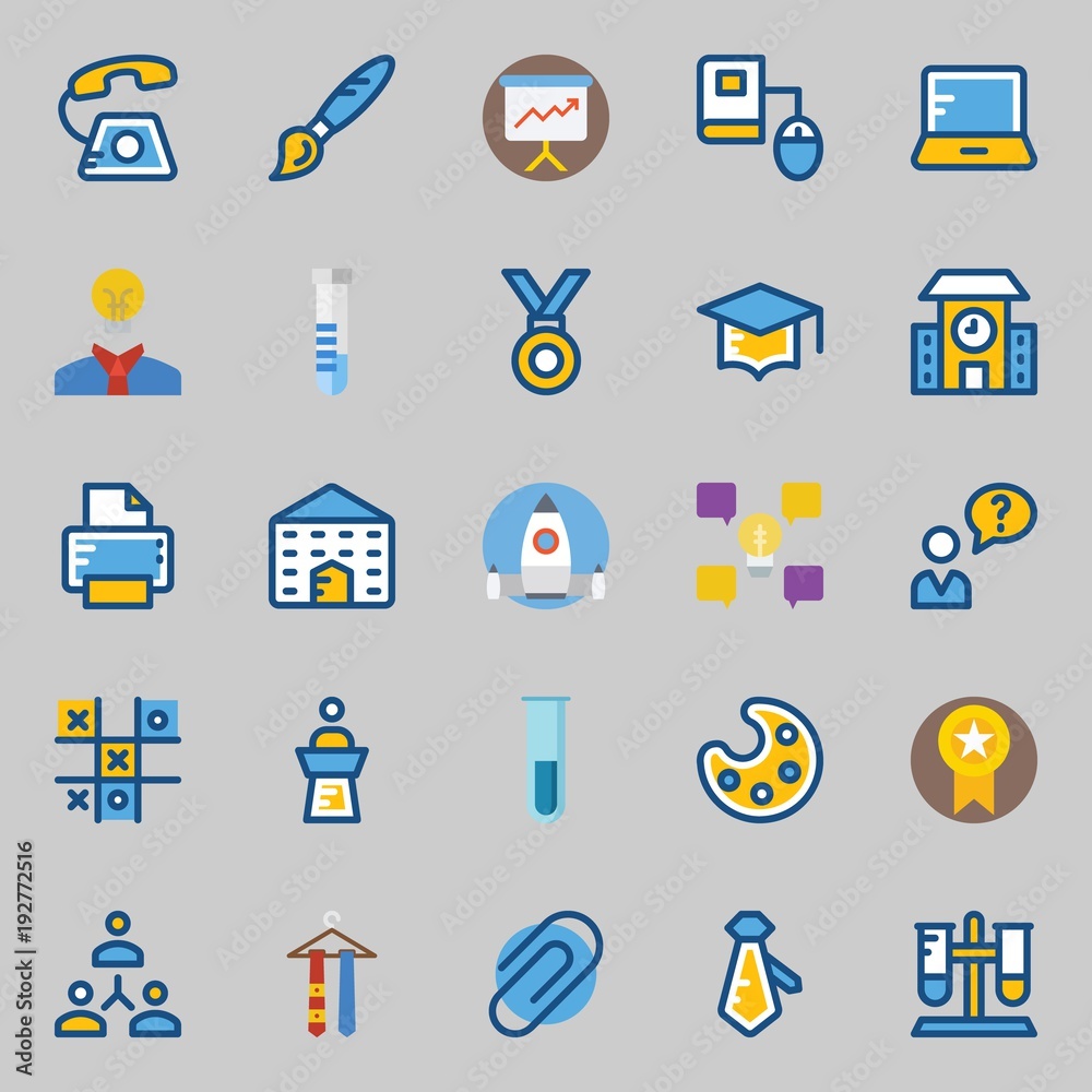 Icons about School And Education with paint brush, mortarboard, idea, missile, medal and paperclip