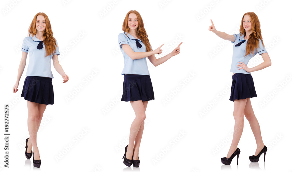 Young naughty student pressing virtual button isolated on white Young naughty student pressing virtual button isolated on white