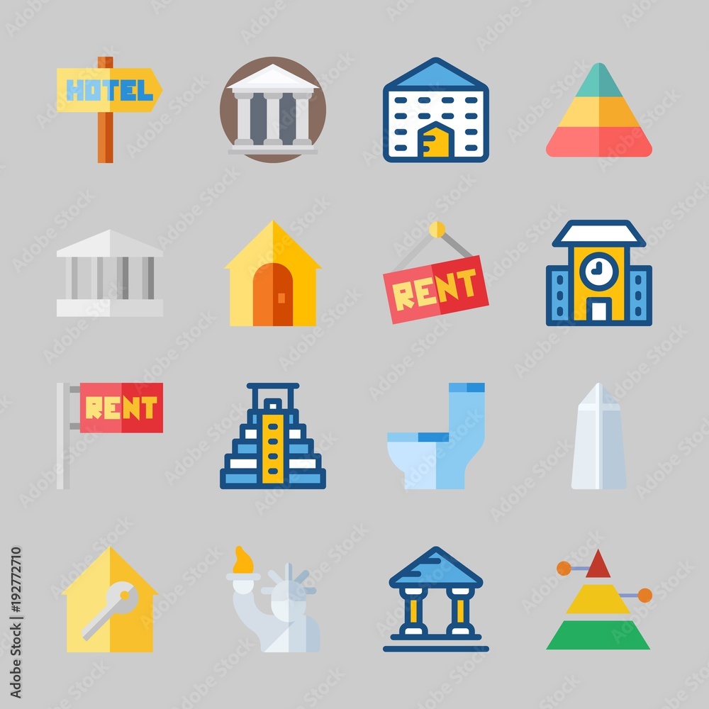 Icons about Construction with school, monumental, for rent, wc, real estate and hotel