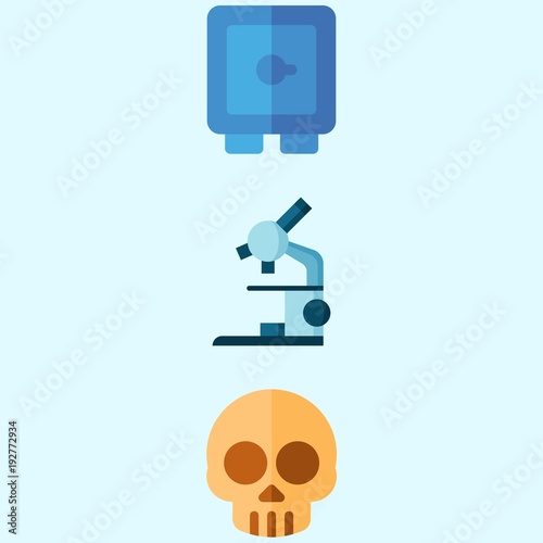 Icons about Crime Investigation with microscope, safebox and skull