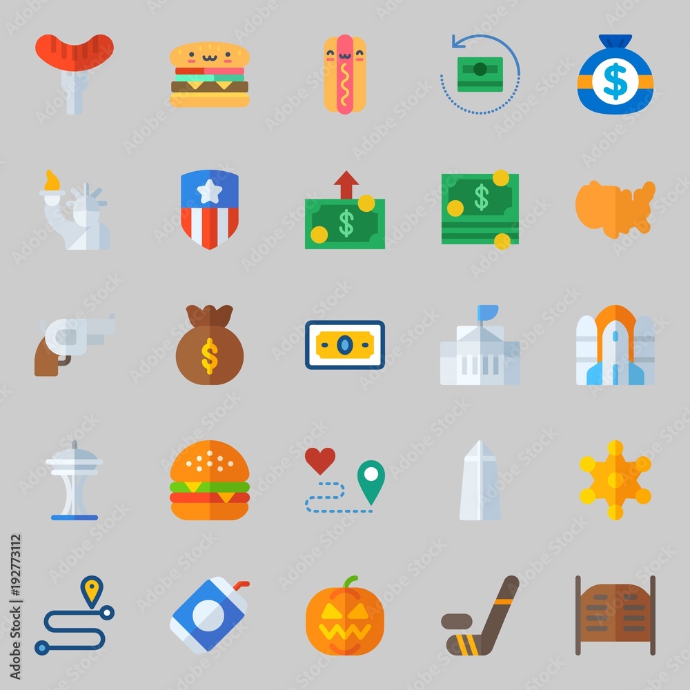 Icons about United States with statue of liberty, rocket ship, white house, hockey, hot dog and sheriff
