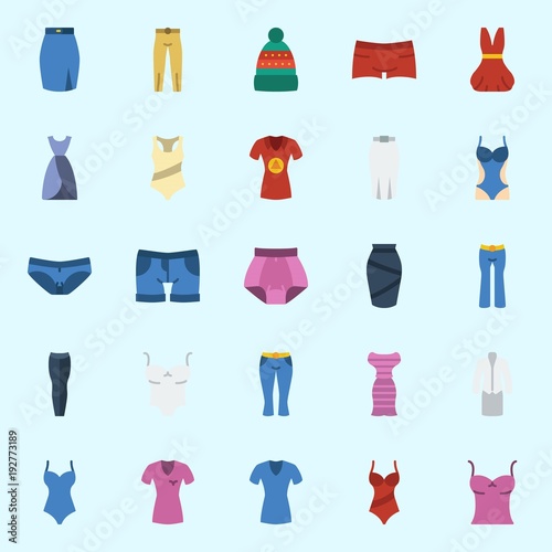 Icons about Women Clothes with dress, panties, sleeveless, swimsuit, shirt and trousers