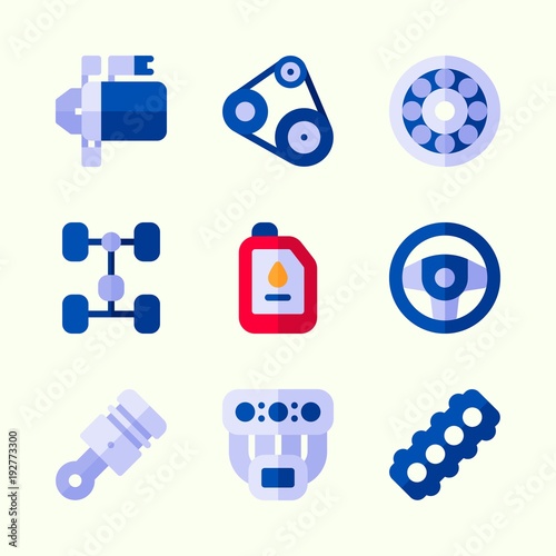 Icons about Car Engine with wheel, manifold, sreering wheel, piston, starter and belt