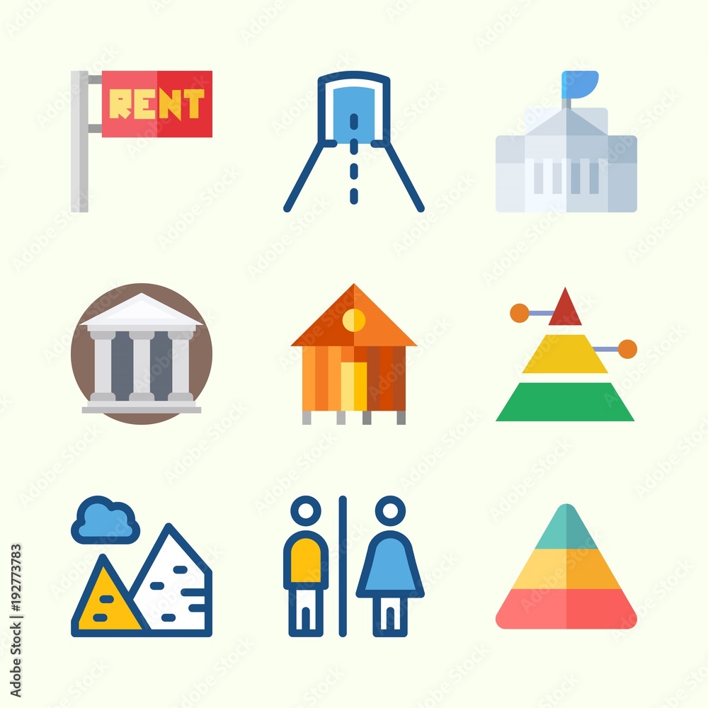 Icons about Construction with pyramids, museum, tunnel, for rent, toilet and rent