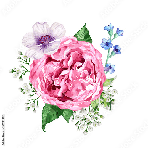 Square composition of flowers roses, hydrangea, apple tree flowers and leaves in watercolor style isolated on white background. Editable elements.