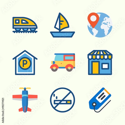 Icons about Travel with mo smoking, shop, worldwide, tag, plane and car