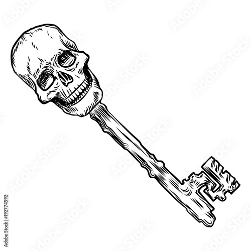 Hand drawn antique key. Sketch style of vintage key on white background. Old design illustration. Vector.