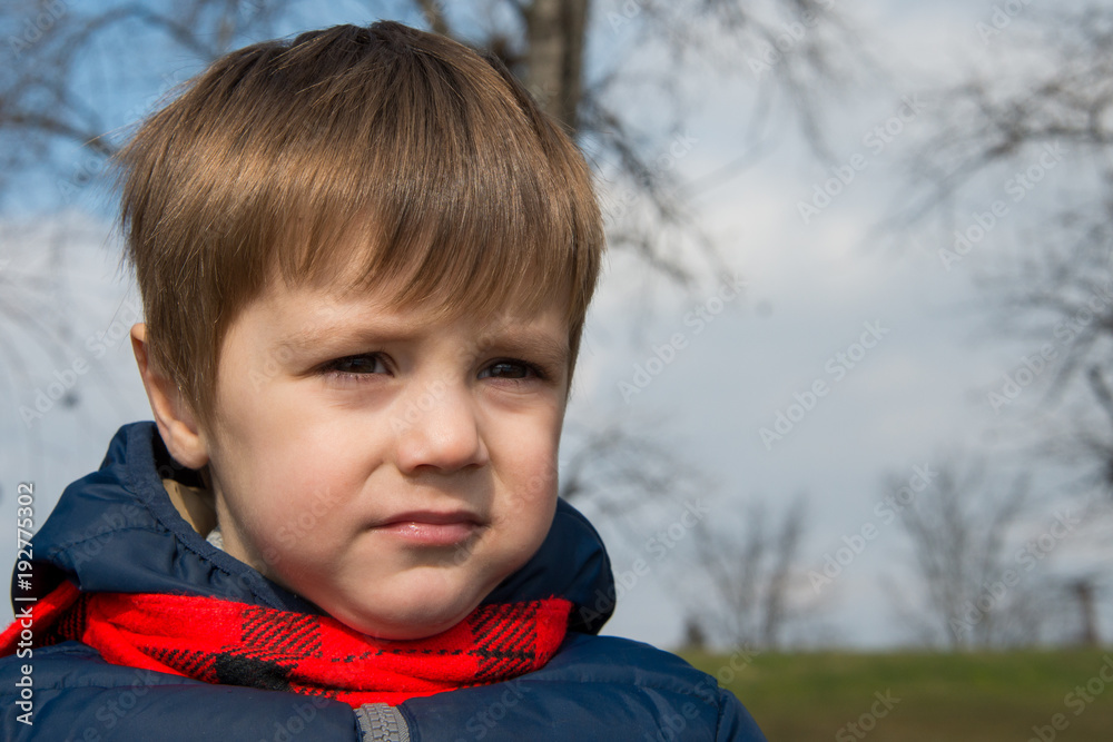 A boy with a red scarf poses in nature A boy with a red scarf poses in nature