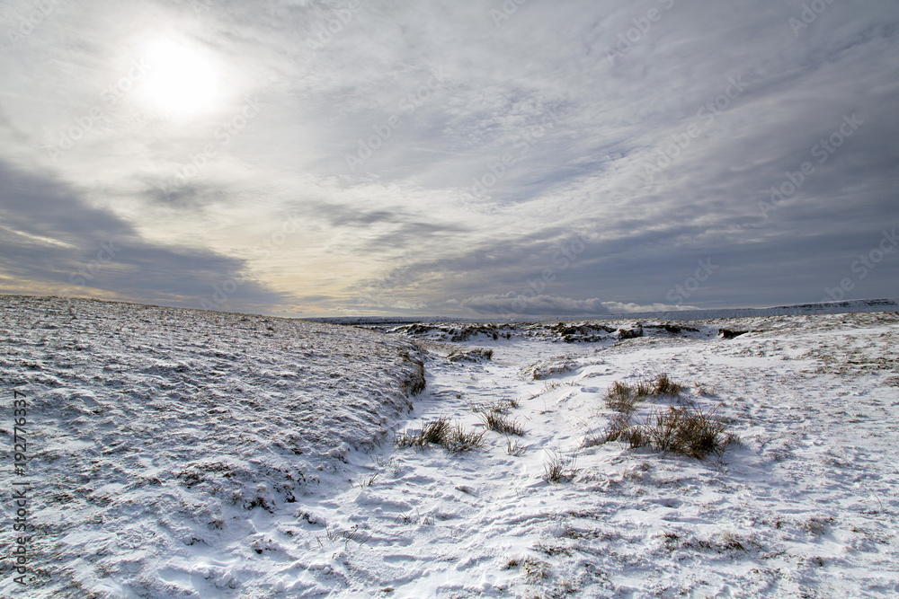 Pen y Fan and Corn Du are the highest mountains in the Brecon Beacons National Park. Panoramic format with winter snow. - obrazy, fototapety, plakaty 