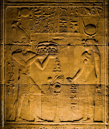 Hieroglyphs inside of the Temple of Philae, Egypt