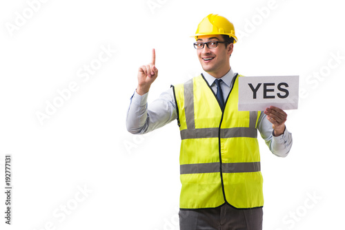 Construction supervisor with yes asnwer isolated on white backgr