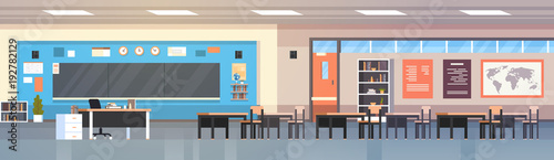 Empty Classropm Interior Background School Class Room With Board And Desks Horizontal Banner Flat Vector Illustration