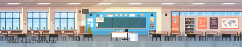 Empty Classropm Interior Background School Class Room With Board And Desks Horizontal Banner Flat Vector Illustration