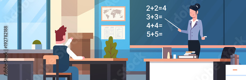 School Math Lesson Female Teacher With Pupil Boy In Classroom Horizontal Banner Flat Vector Illustration