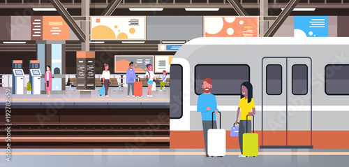 Railway Station With People Passengers Going Off Train Holding Bags Transport And Transportation Concept Vector Illustration