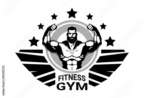 Fitness Club Or Gym Logo With Strong Athletic Man Bodybuilder Silhouette On White Background Vector Illustration