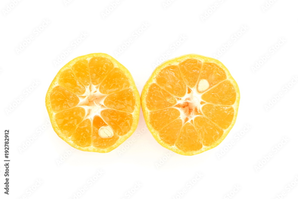 isolated half cut orange two pieces have seed on white background isolated half cut orange two pieces have seed on white background