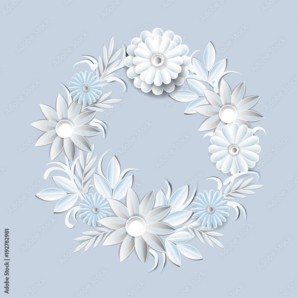 Beautiful White Flowers Wreath Isolated On Grey