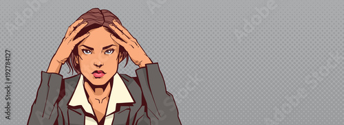 Portrait Of Sad Business Woman Holding Head Businesswoman Stressed Horizontal Banner With Copy Space Vector Illustration