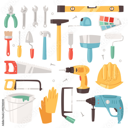 Construction equipment vector constructive tools of builder or constructor with hammer and screwdriver illustration of carpenters toolbox set isolated on white background
