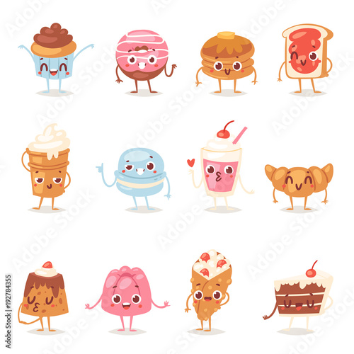 Cartoon cake character vector chocolate sweets confectionery cupcake emotion and sweet confection dessert with caked candies illustration confected donut in bakery set isolated on white background