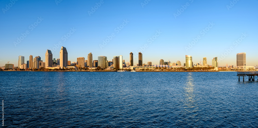 Wide angle image of San Diego Skyline with the Coronado Ferry Landing Pier