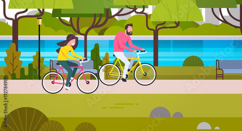 Couple Riding Bicycles In Public Park Man And Woman Cycling Outdoors Flat Vector Illustration
